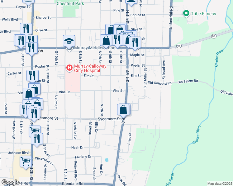 map of restaurants, bars, coffee shops, grocery stores, and more near 400-498 Vine Street in Murray