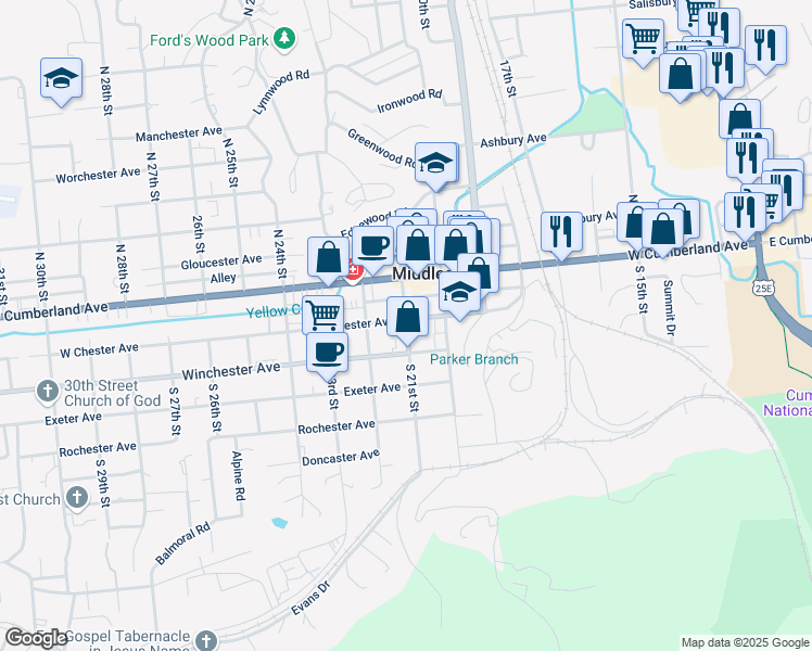 map of restaurants, bars, coffee shops, grocery stores, and more near 120 West Chester Avenue in Middlesboro