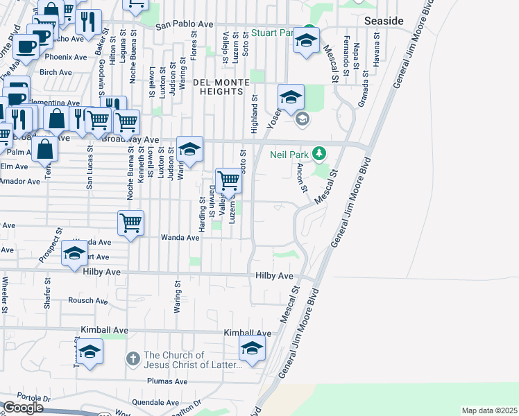 map of restaurants, bars, coffee shops, grocery stores, and more near 1650 Sonoma Avenue in Seaside