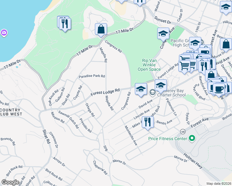map of restaurants, bars, coffee shops, grocery stores, and more near 2811 Forest Lodge Road in Del Monte Forest