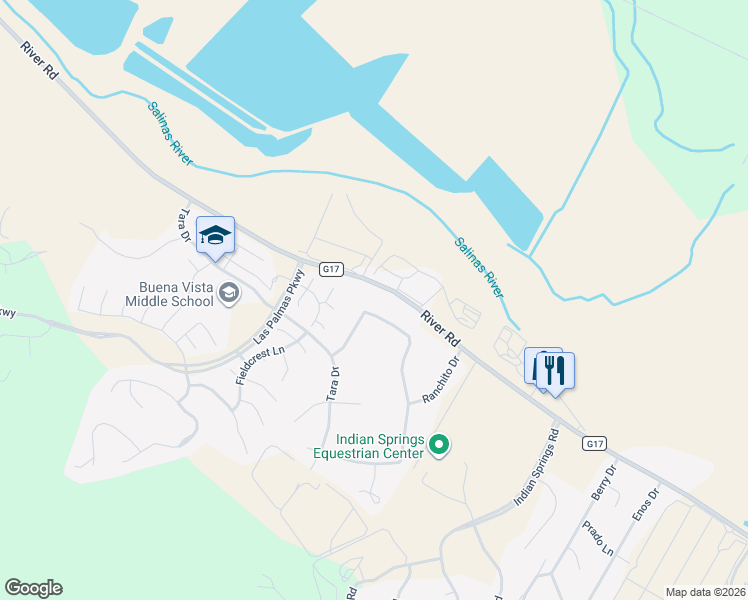 map of restaurants, bars, coffee shops, grocery stores, and more near 18605 Ranchito Del Rio Drive in Salinas