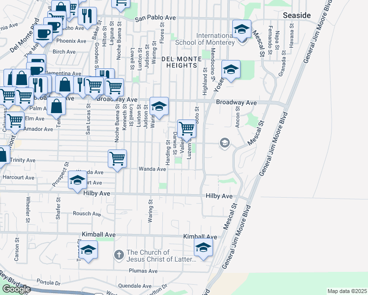 map of restaurants, bars, coffee shops, grocery stores, and more near 1390 Vallejo Street in Seaside