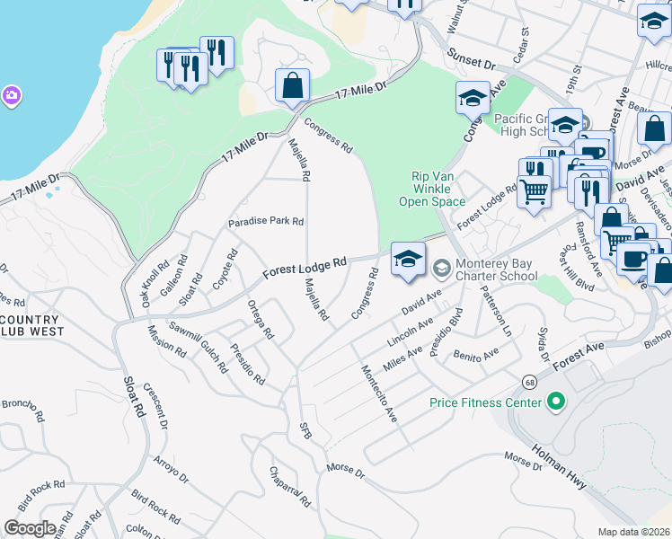 map of restaurants, bars, coffee shops, grocery stores, and more near 2811 Forest Lodge Road in Del Monte Forest