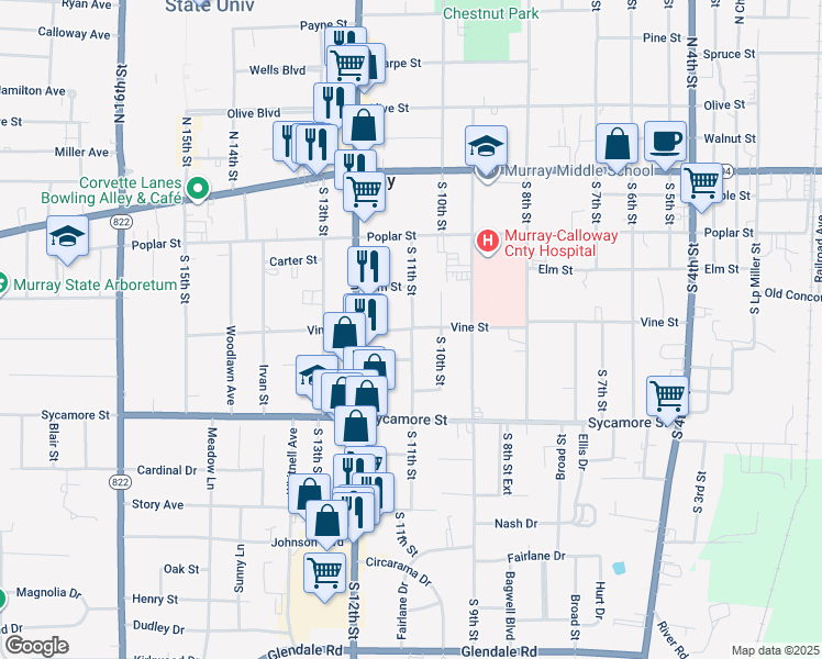map of restaurants, bars, coffee shops, grocery stores, and more near 1100 Vine Street in Murray