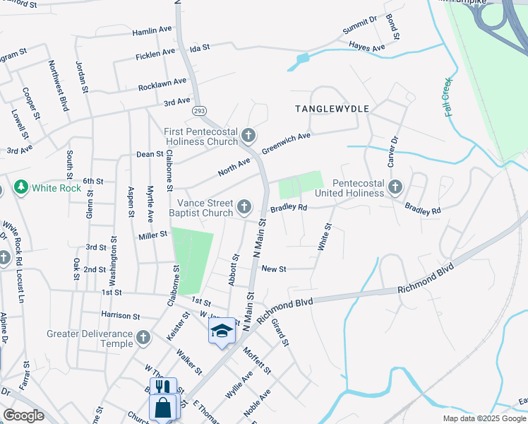 map of restaurants, bars, coffee shops, grocery stores, and more near 101 Bradley Road in Danville