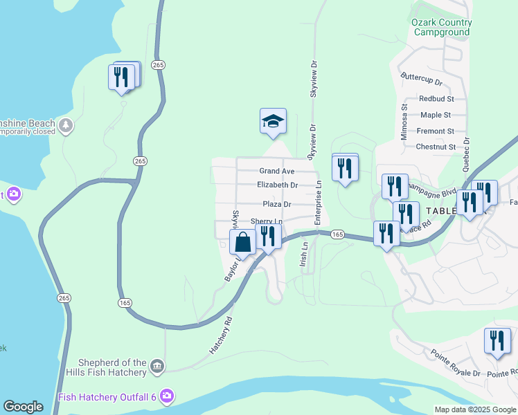 map of restaurants, bars, coffee shops, grocery stores, and more near 299 Plaza Drive in Branson