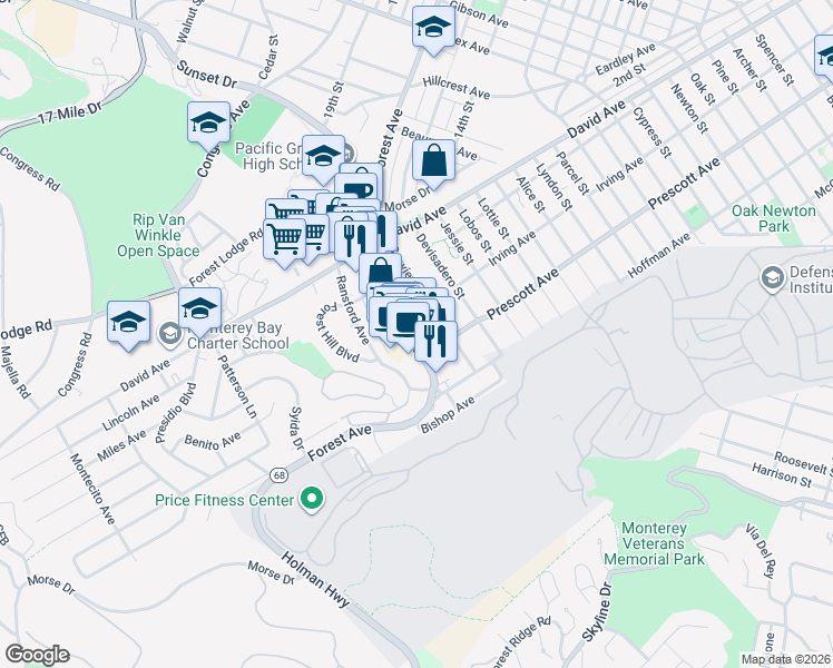 map of restaurants, bars, coffee shops, grocery stores, and more near 1149 Forest Avenue in Pacific Grove