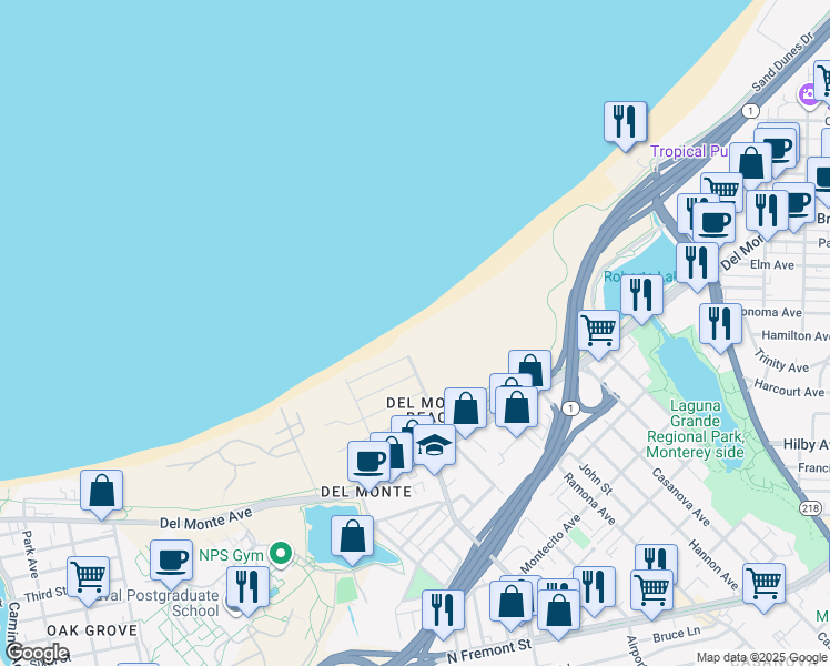map of restaurants, bars, coffee shops, grocery stores, and more near 1 Surf Way in Monterey