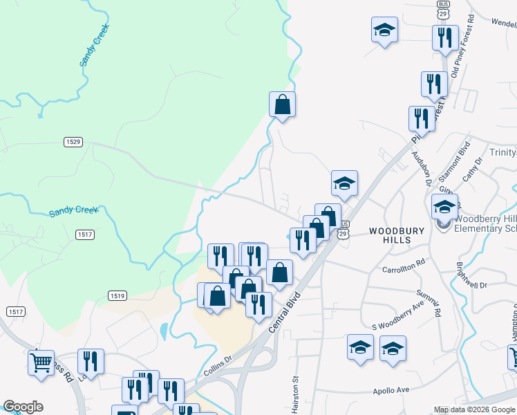map of restaurants, bars, coffee shops, grocery stores, and more near 451-535 County Road 1529 in Danville