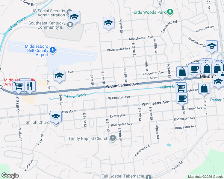 map of restaurants, bars, coffee shops, grocery stores, and more near 2901-2999 W Cumberland Ave in Middlesboro
