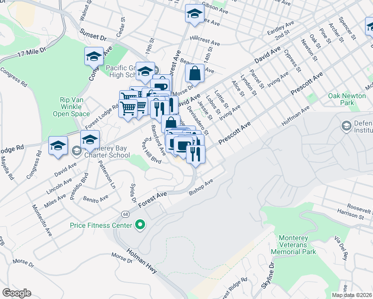 map of restaurants, bars, coffee shops, grocery stores, and more near 1149 Forest Avenue in Pacific Grove