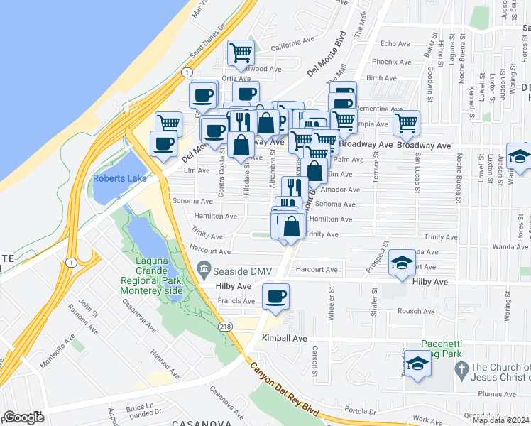 map of restaurants, bars, coffee shops, grocery stores, and more near 685 Hamilton Avenue in Seaside
