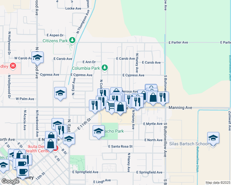 map of restaurants, bars, coffee shops, grocery stores, and more near 1070 North Fisher Avenue in Reedley