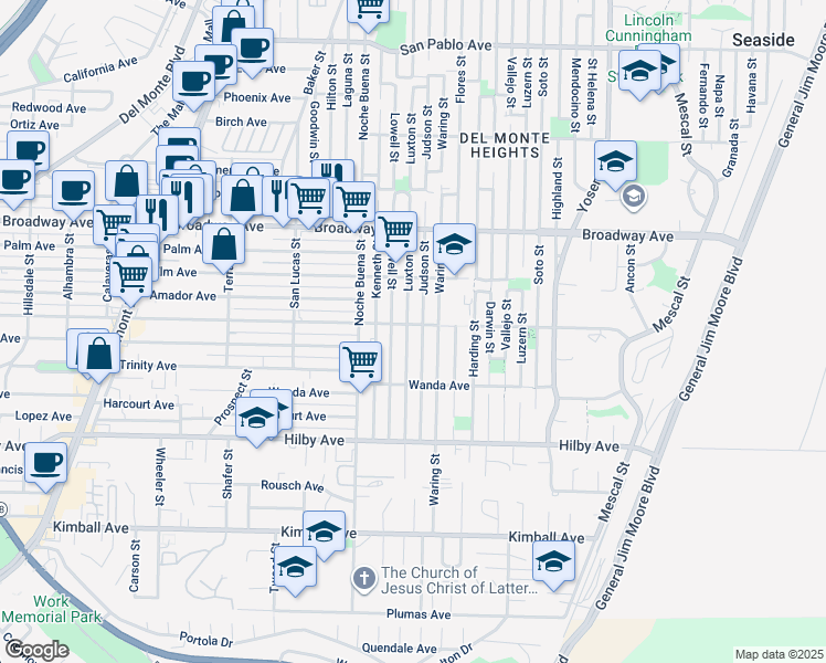 map of restaurants, bars, coffee shops, grocery stores, and more near 1370 Sonoma Avenue in Seaside