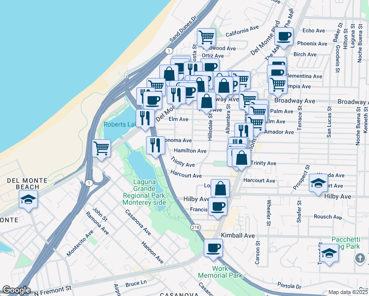map of restaurants, bars, coffee shops, grocery stores, and more near 480 Sonoma Avenue in Seaside