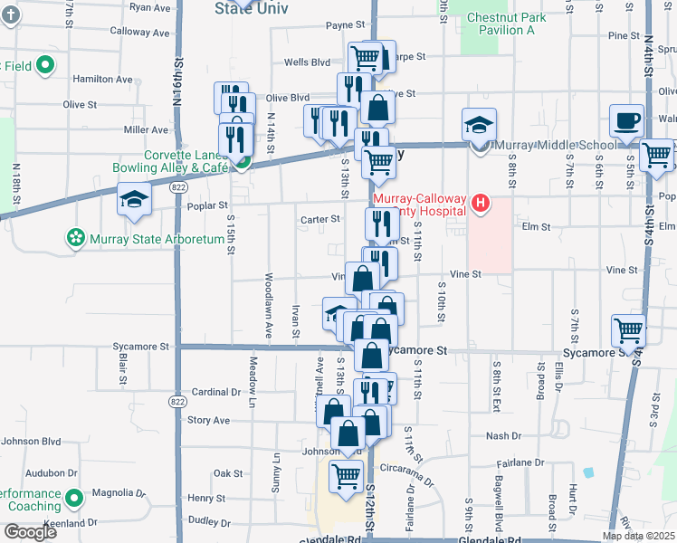 map of restaurants, bars, coffee shops, grocery stores, and more near 220 South 13th Street in Murray