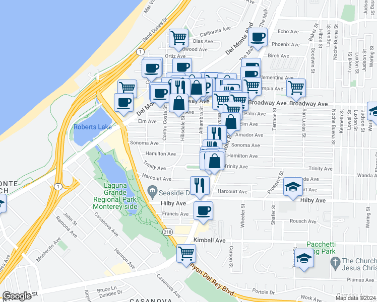 map of restaurants, bars, coffee shops, grocery stores, and more near 635 Hamilton Avenue in Seaside