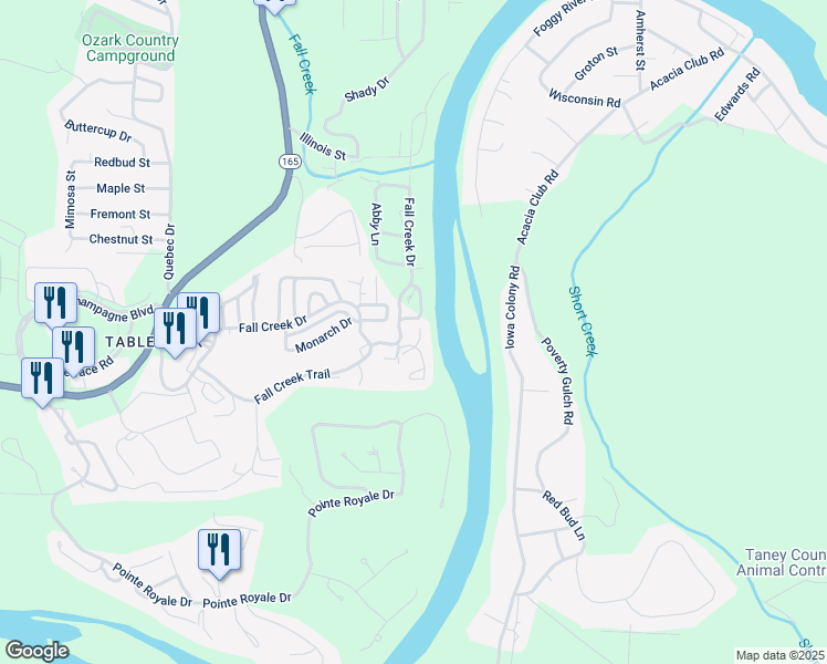 map of restaurants, bars, coffee shops, grocery stores, and more near 145 Creekside Court in Branson
