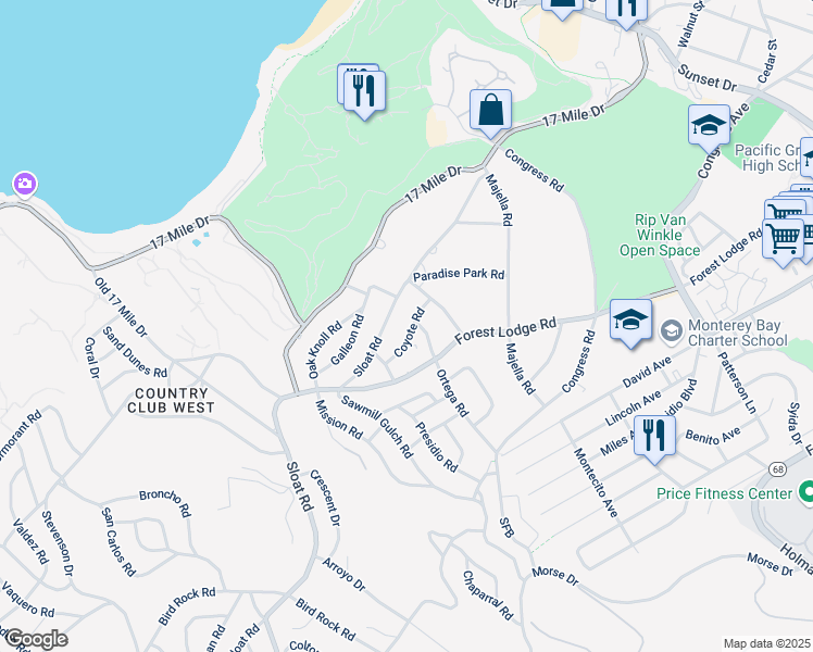 map of restaurants, bars, coffee shops, grocery stores, and more near 2860 Coyote Road in Del Monte Forest