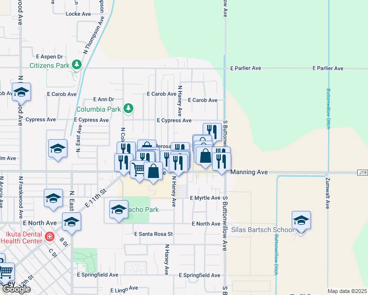map of restaurants, bars, coffee shops, grocery stores, and more near 1387 East Ponderosa Avenue in Reedley