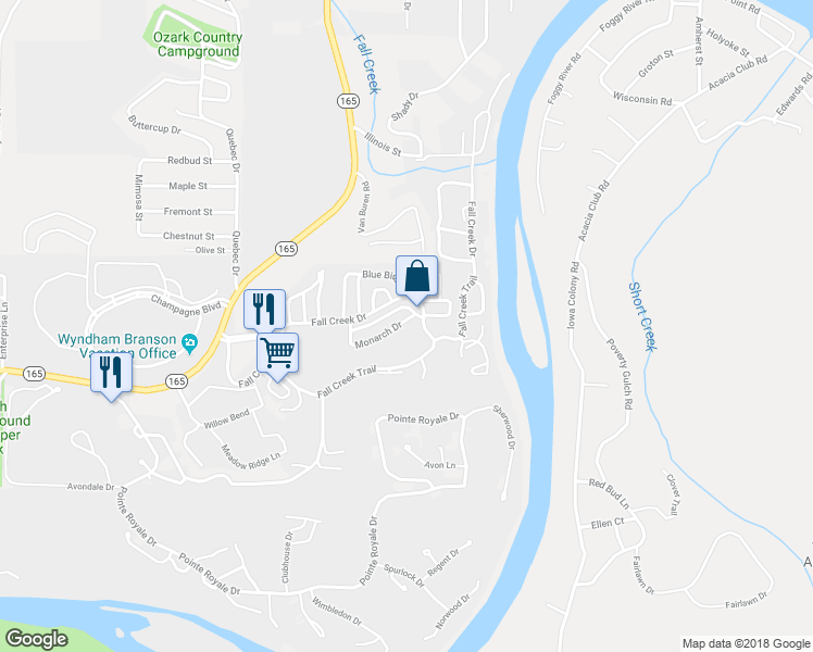 map of restaurants, bars, coffee shops, grocery stores, and more near 444 Monarch Drive in Branson