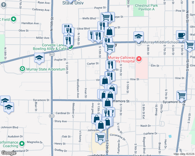 map of restaurants, bars, coffee shops, grocery stores, and more near 220 South 13th Street in Murray