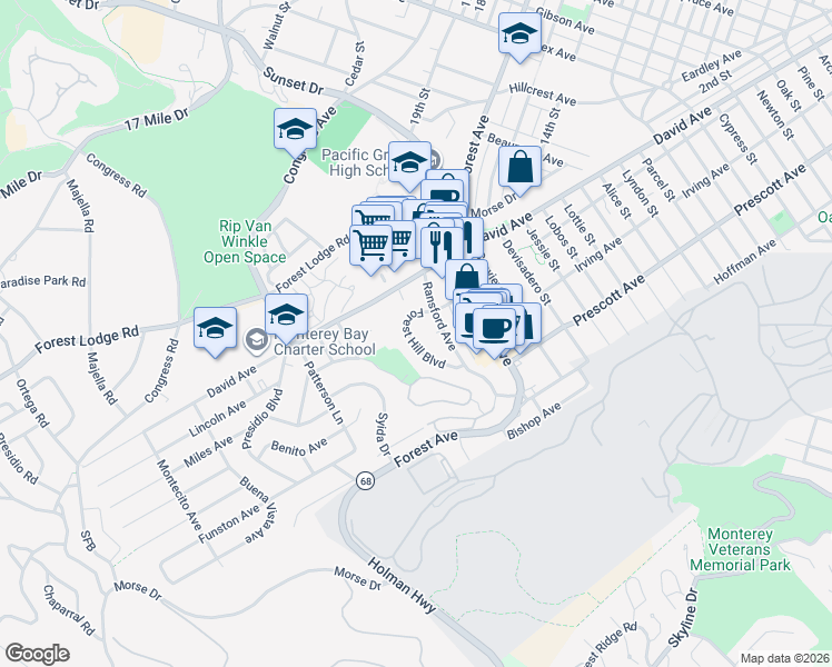 map of restaurants, bars, coffee shops, grocery stores, and more near 2813 Forest Hill Boulevard in Pacific Grove