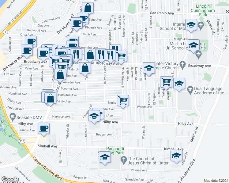 map of restaurants, bars, coffee shops, grocery stores, and more near 1266 Sonoma Avenue in Seaside
