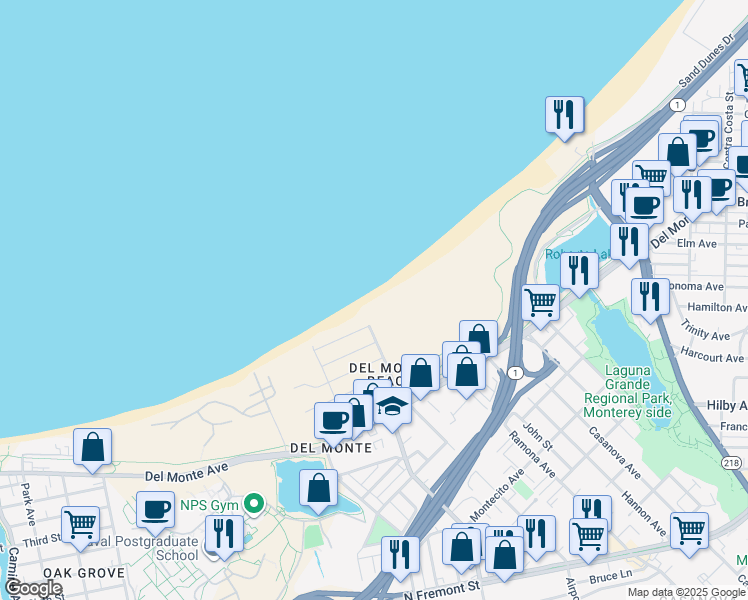 map of restaurants, bars, coffee shops, grocery stores, and more near 1 Surf Way in Monterey