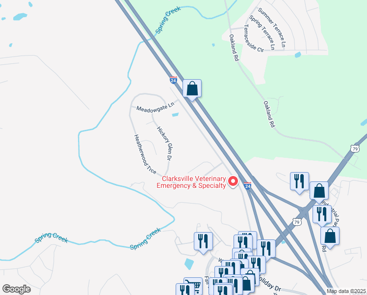 map of restaurants, bars, coffee shops, grocery stores, and more near 701 Kennedy Lane in Clarksville