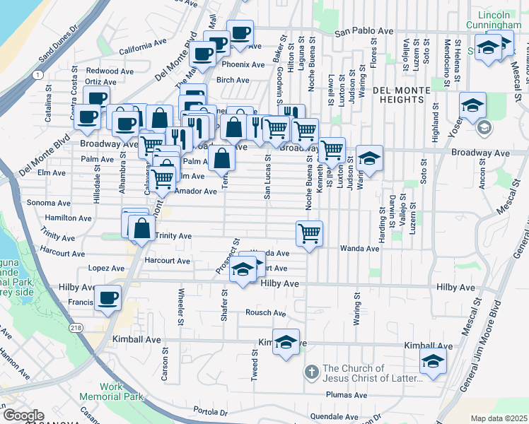 map of restaurants, bars, coffee shops, grocery stores, and more near 1198 Sonoma Avenue in Seaside