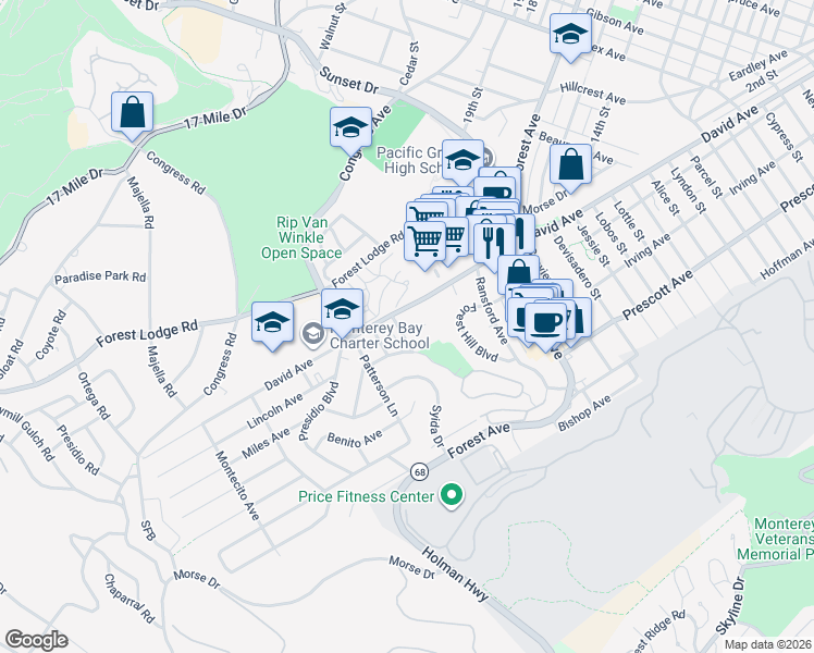 map of restaurants, bars, coffee shops, grocery stores, and more near 5 Arkwright Court in Pacific Grove