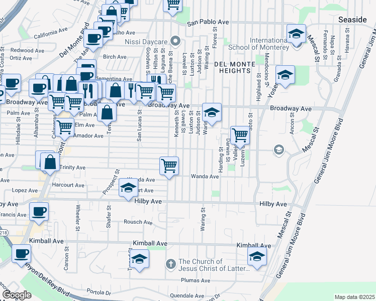 map of restaurants, bars, coffee shops, grocery stores, and more near 1370 Sonoma Avenue in Seaside