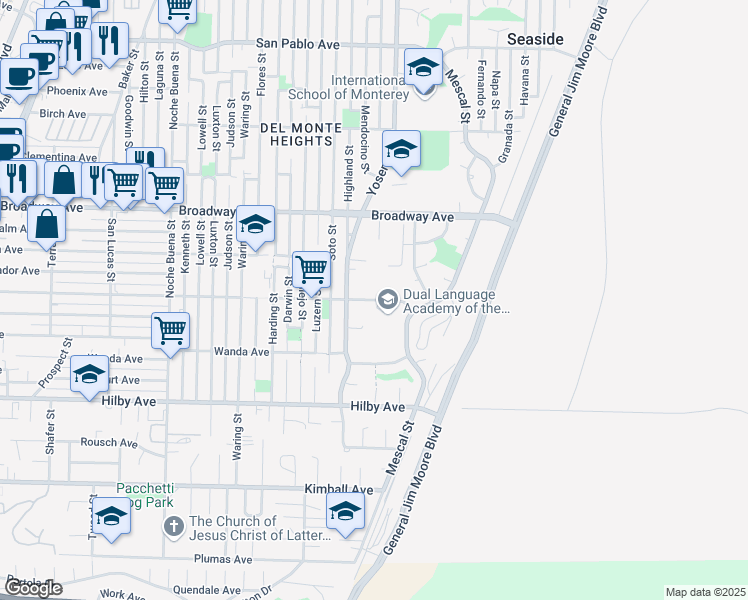 map of restaurants, bars, coffee shops, grocery stores, and more near 1650 Sonoma Avenue in Seaside