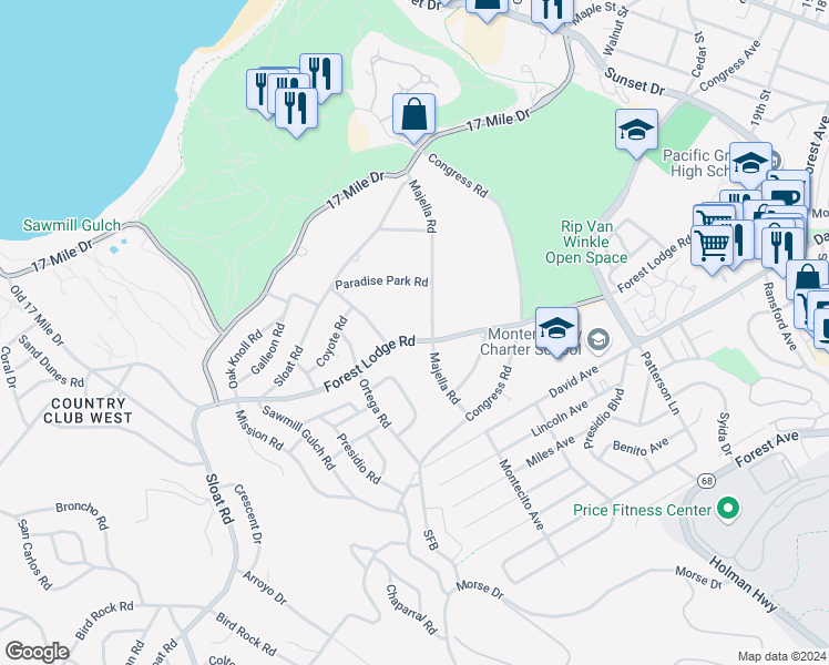 map of restaurants, bars, coffee shops, grocery stores, and more near 2828 Forest Lodge Road in Del Monte Forest