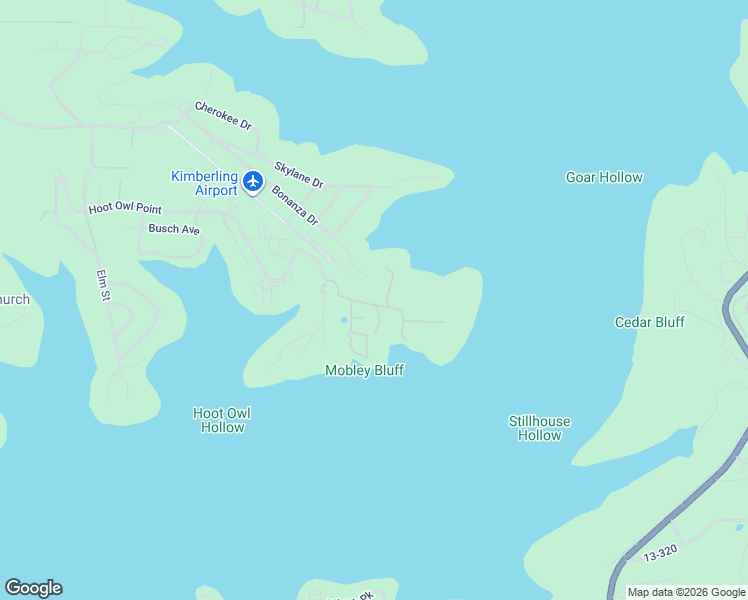 map of restaurants, bars, coffee shops, grocery stores, and more near 1304 Breezy Point Lane in Kimberling City