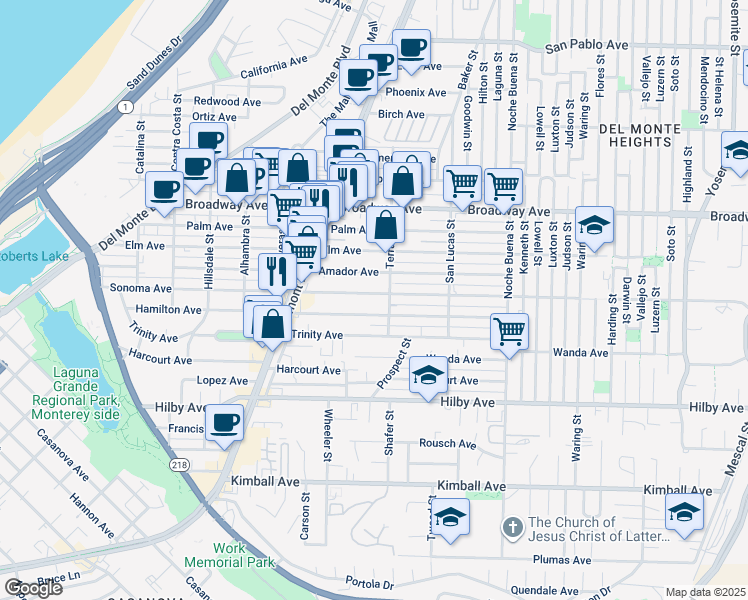 map of restaurants, bars, coffee shops, grocery stores, and more near 1080 Sonoma Avenue in Seaside