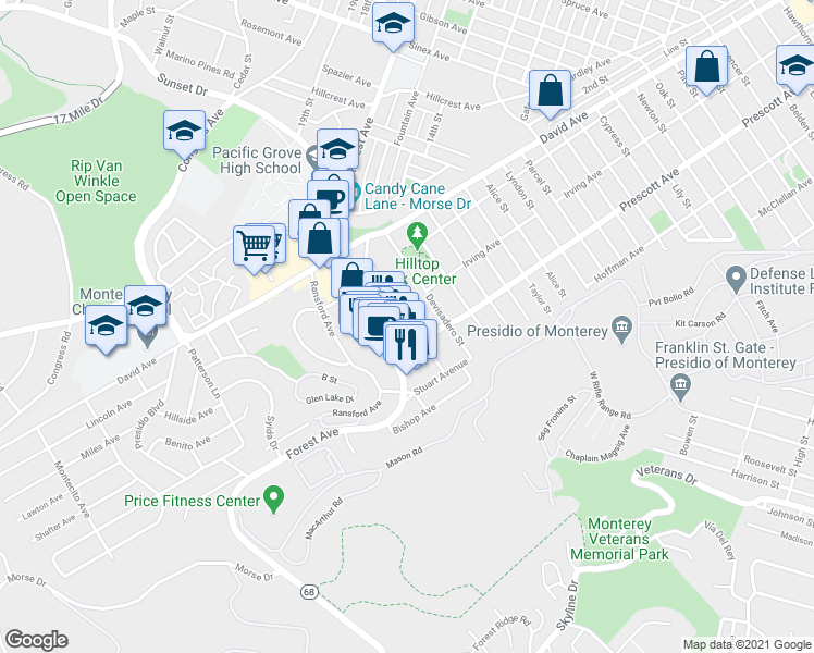 map of restaurants, bars, coffee shops, grocery stores, and more near 1152 Seaview Avenue in Pacific Grove