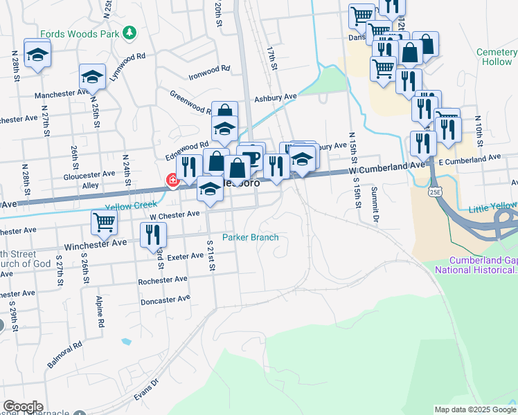 map of restaurants, bars, coffee shops, grocery stores, and more near 116 East Chester Avenue in Middlesboro