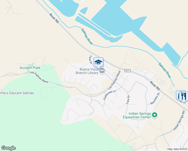 map of restaurants, bars, coffee shops, grocery stores, and more near 21905 Azure Crest Court in Salinas