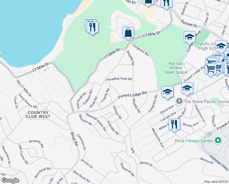map of restaurants, bars, coffee shops, grocery stores, and more near 1040 Lost Barranca Road in Del Monte Forest