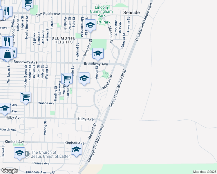 map of restaurants, bars, coffee shops, grocery stores, and more near 1460 Mescal Street in Seaside