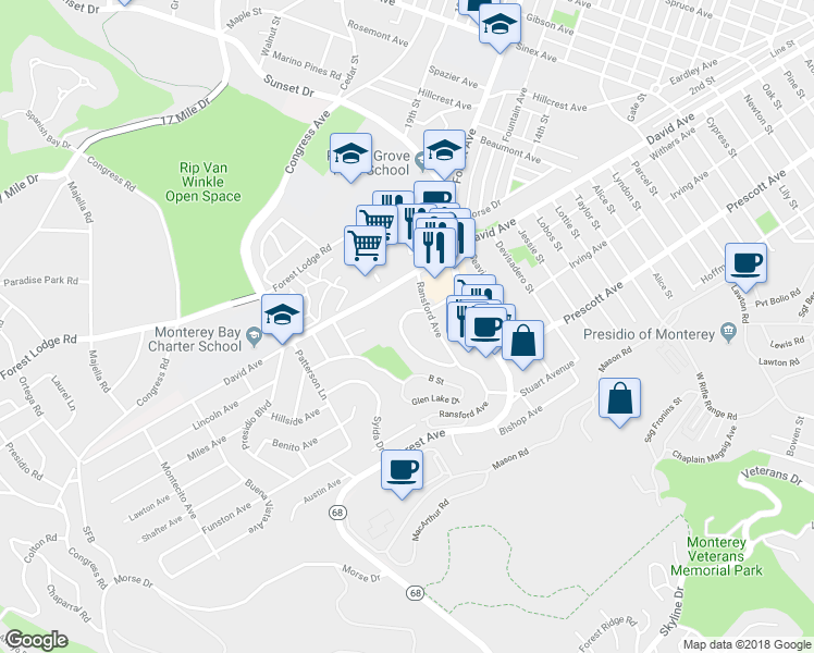 map of restaurants, bars, coffee shops, grocery stores, and more near 2813 Forest Hill Boulevard in Pacific Grove