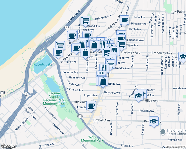 map of restaurants, bars, coffee shops, grocery stores, and more near 680 Sonoma Avenue in Seaside