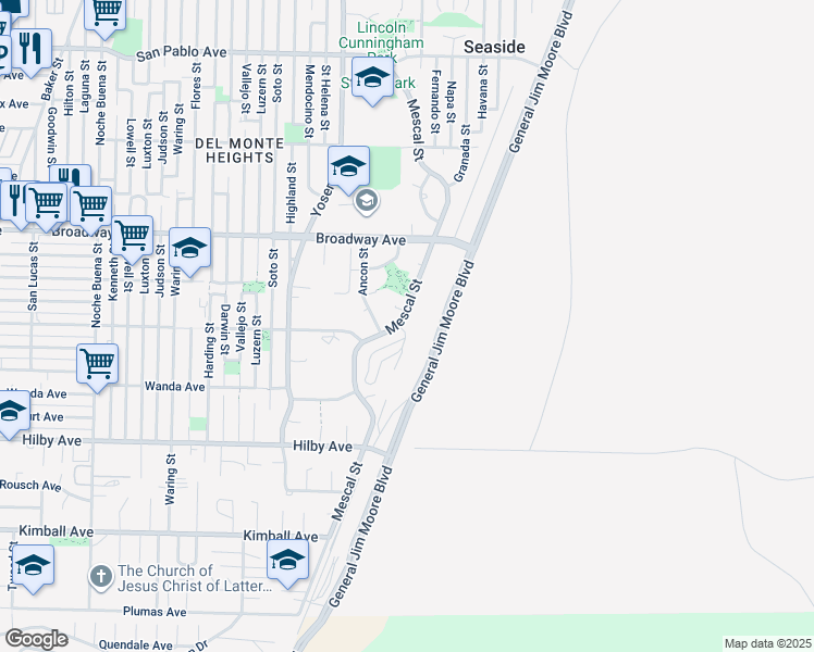map of restaurants, bars, coffee shops, grocery stores, and more near 1460 Mescal Street in Seaside