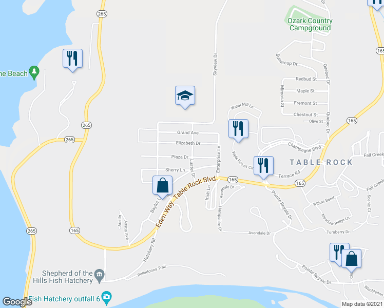 map of restaurants, bars, coffee shops, grocery stores, and more near Luster Dr in Branson