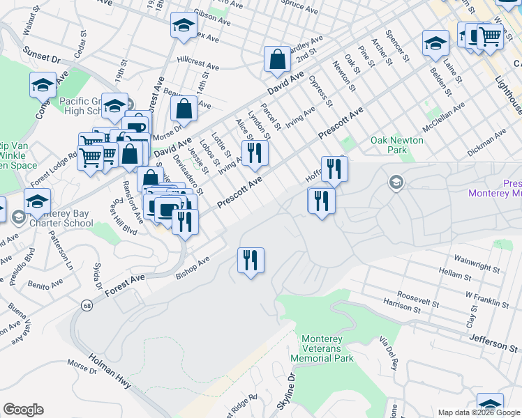 map of restaurants, bars, coffee shops, grocery stores, and more near 615 Lottie Street in Monterey
