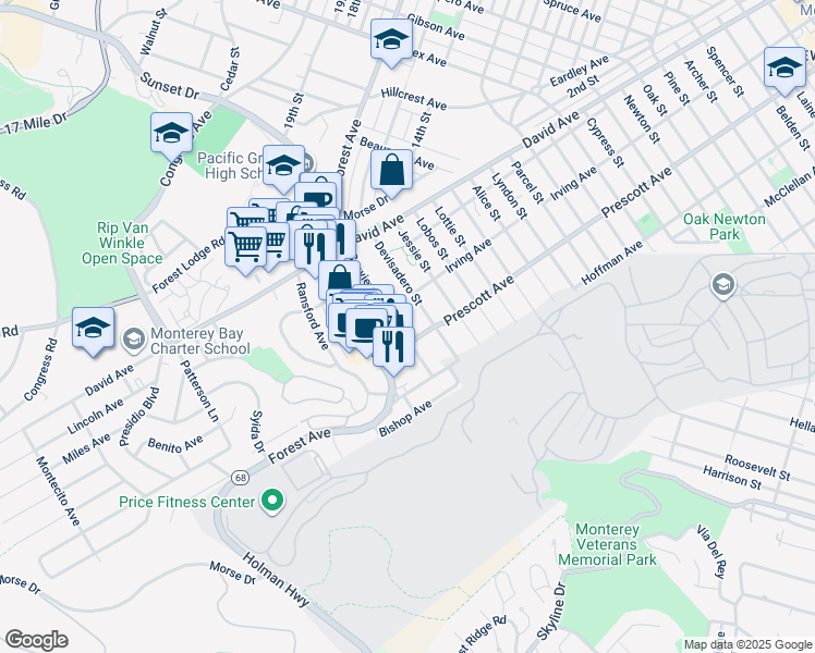 map of restaurants, bars, coffee shops, grocery stores, and more near 1152 Seaview Avenue in Pacific Grove