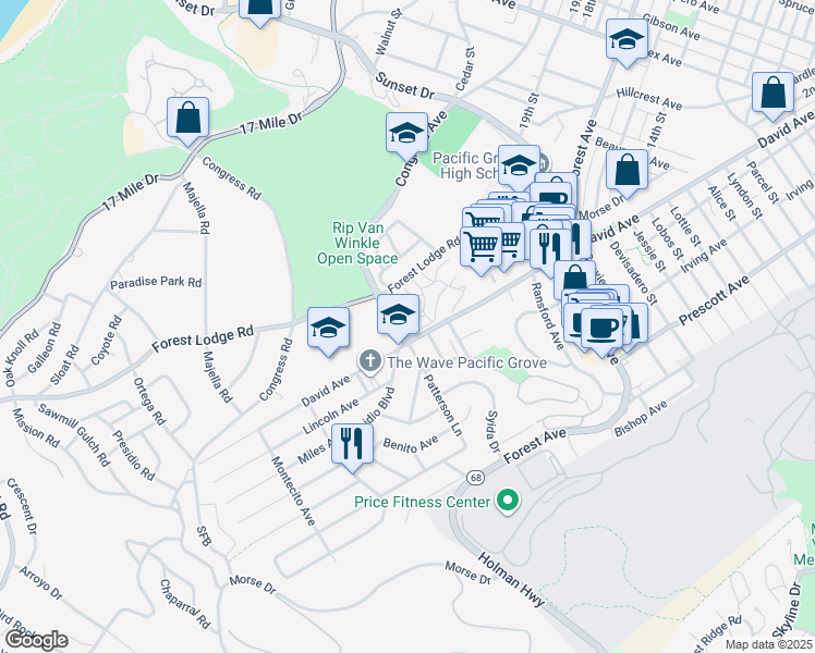 map of restaurants, bars, coffee shops, grocery stores, and more near 1112 Heather Lane in Pacific Grove
