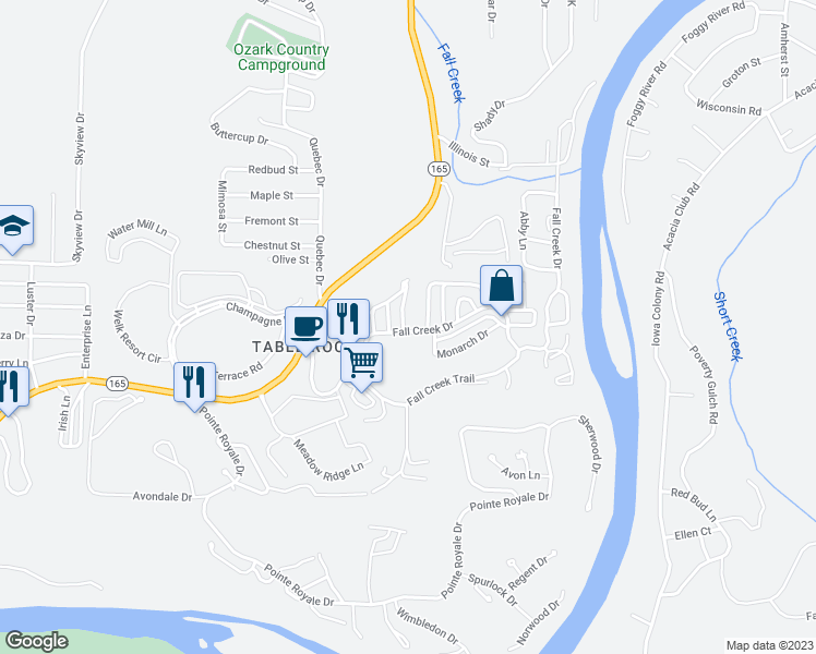 map of restaurants, bars, coffee shops, grocery stores, and more near 321 Sunshine Circle in Branson